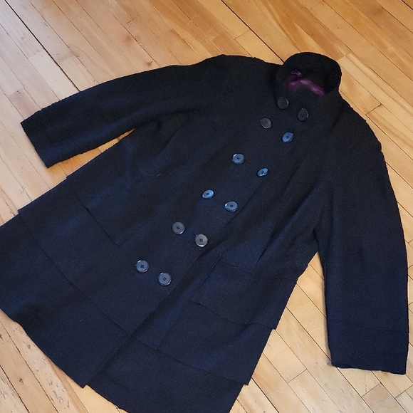 Laura Plus Elegant Black Double-Breasted Pea Coat 50% Wool - Picture 4 of 15